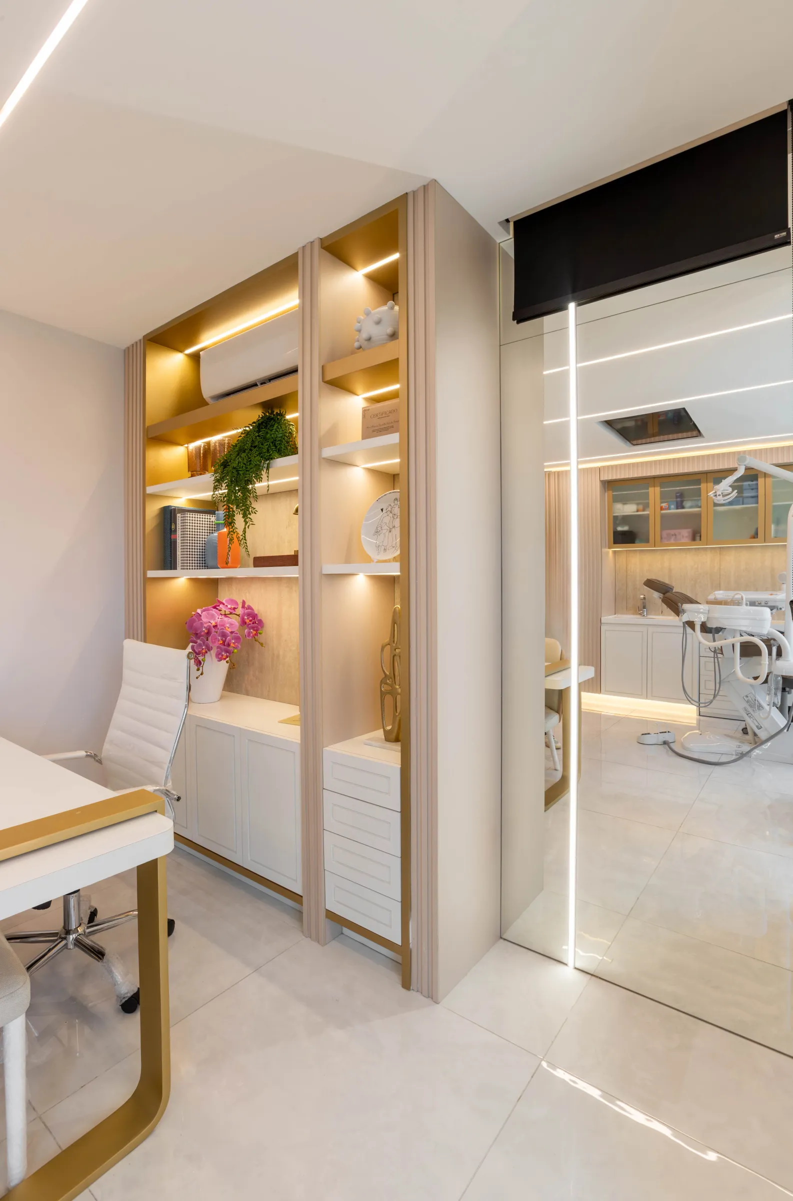 Consultório da La Clinic com estante iluminada de nichos exibindo objetos decorativos e orquídea, mesa de atendimento com estrutura dourada e porta de vidro revelando a sala de procedimentos ao fundo