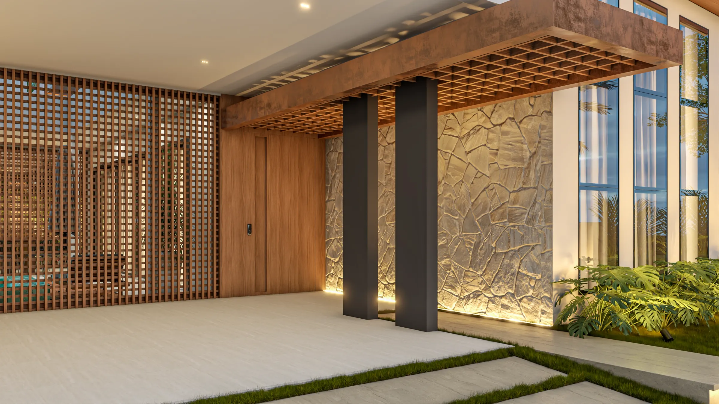 Hall de entrada do Residencial JO com porta pivotante de madeira, painéis vazados de ripas de madeira, parede de pedra iluminada, pilares escuros e pergolado, com jardim tropical ao lado